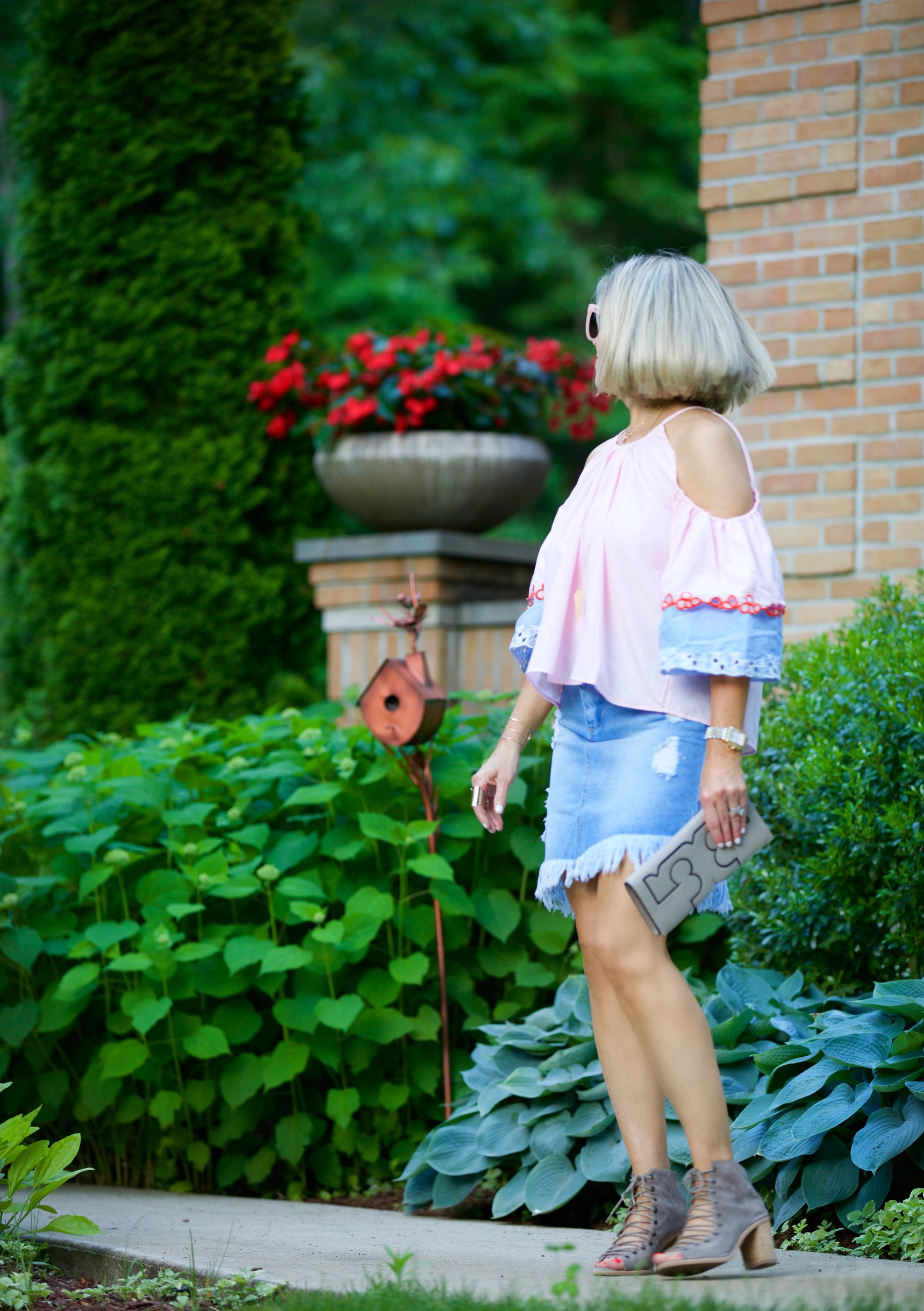 Embroidered Cold Shoulder Top and Denim Skirt