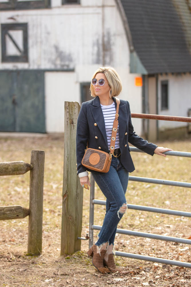 How to style a blazer with jeans featured by top US life and style blog, Dawned on Me: image of a woman wearing a Palermo blazer and a Target striped t shirt