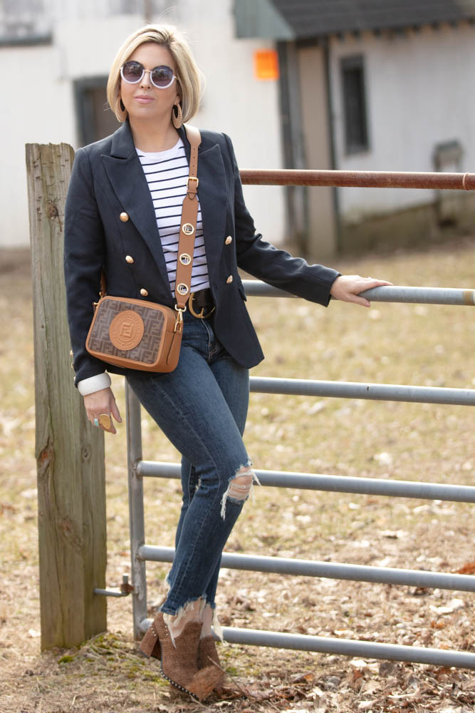 How to style a blazer with jeans featured by top US life and style blog, Dawned on Me: image of a woman wearing a Palermo blazer and a Target striped t shirt