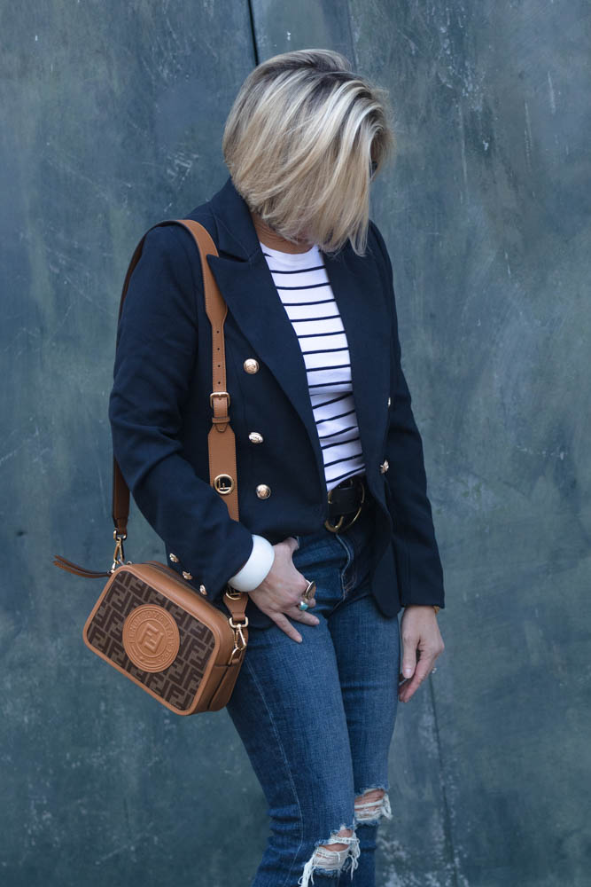 How to style a blazer with jeans featured by top US life and style blog, Dawned on Me: image of a woman wearing a Palermo blazer and a Target striped t shirt